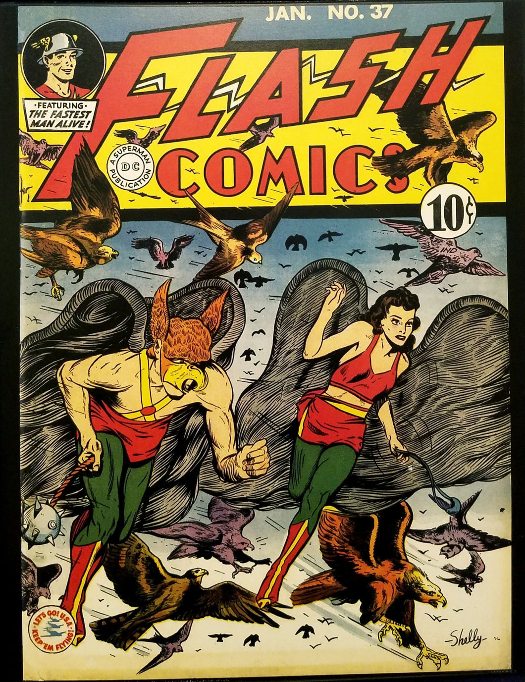 Flash Comics #37 w/ Hawkman 11x14 FRAMED Art Print, Vintage 1943 DC Comics