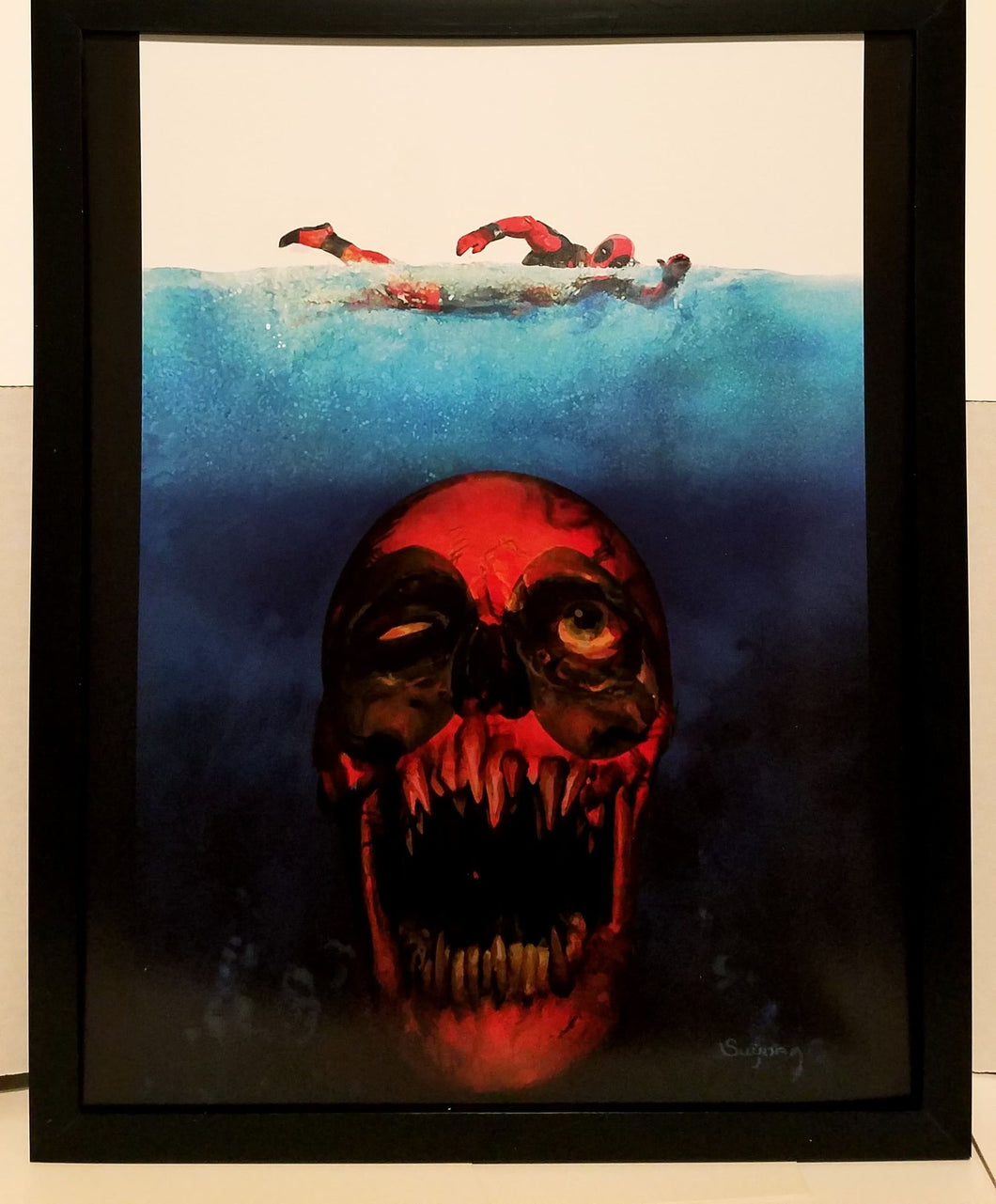 Deadpool Jaws homage by Arthur Suydam 11x14 FRAMED Marvel Comics Art Print Poster