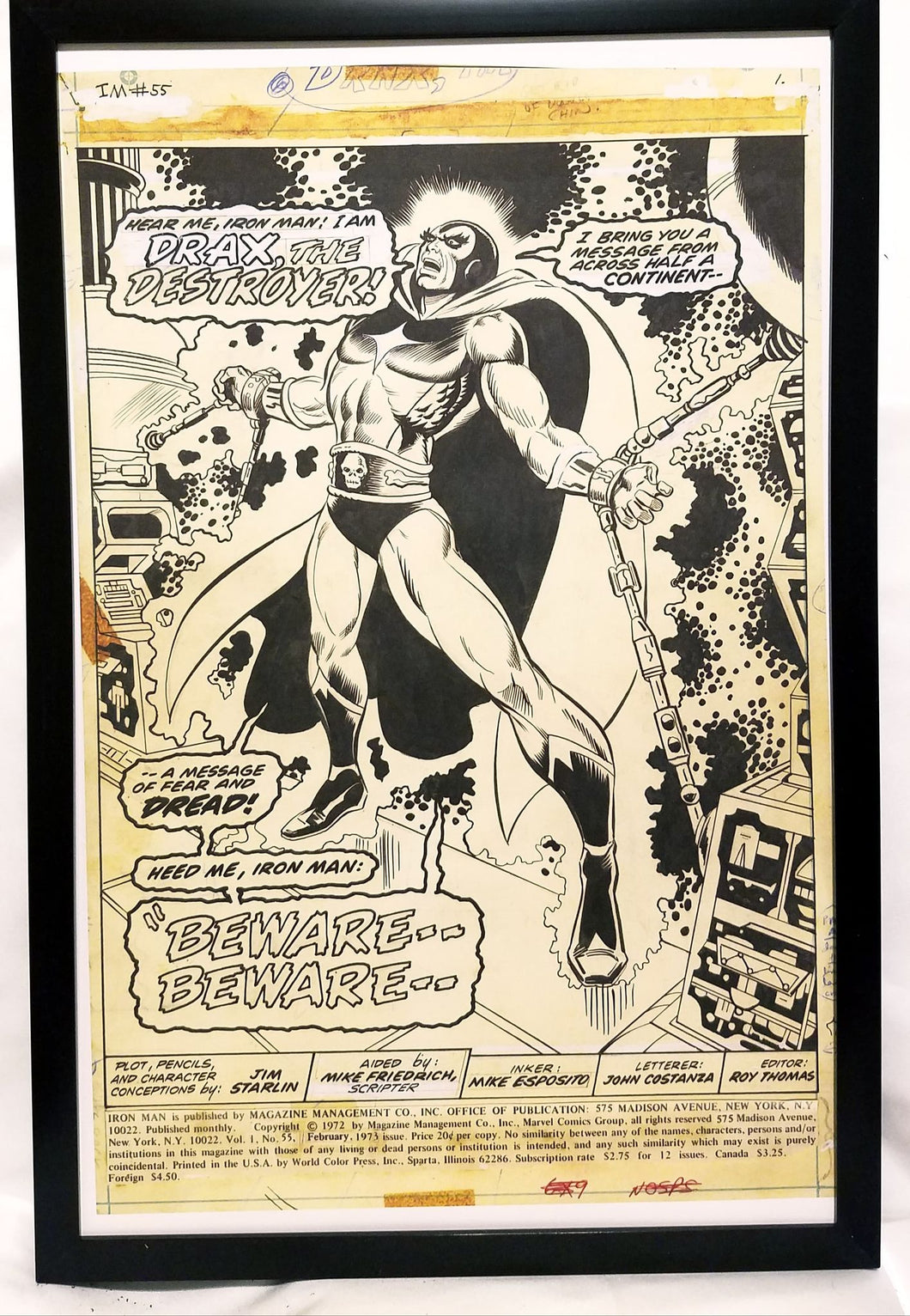 Iron Man #55 pg. 1 w/ Drax by Jim Starlin 11x17 FRAMED Original Art Poster Marvel Comics